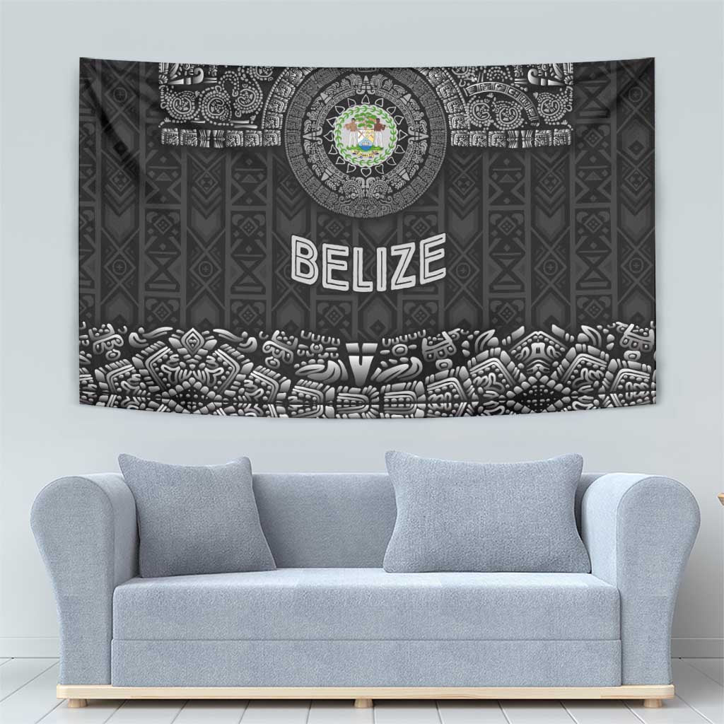 Belize Tribal Pattern Tapestry with National Emblem and Mayan Pyramid Design