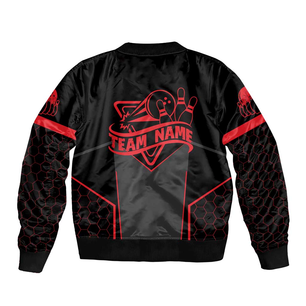 Bowling Team Bomber Jacket Red and Black Strike Graphic and Custom Name Section - Wonder Print Shop