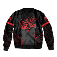 Bowling Team Bomber Jacket Red and Black Strike Graphic and Custom Name Section - Wonder Print Shop