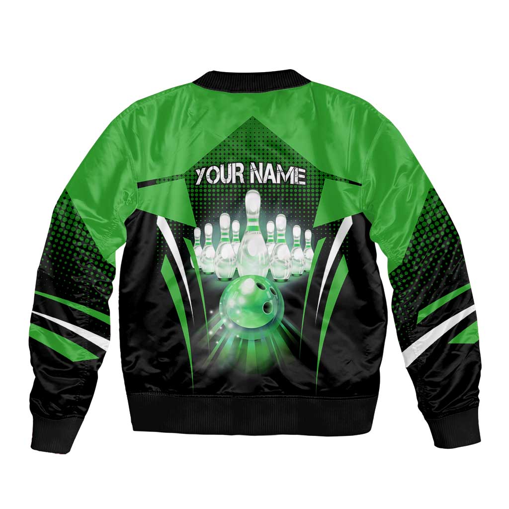 Bowling Team Design Bomber Jacket Green Strike Graphic and Custom Name Shield Accent - Wonder Print Shop