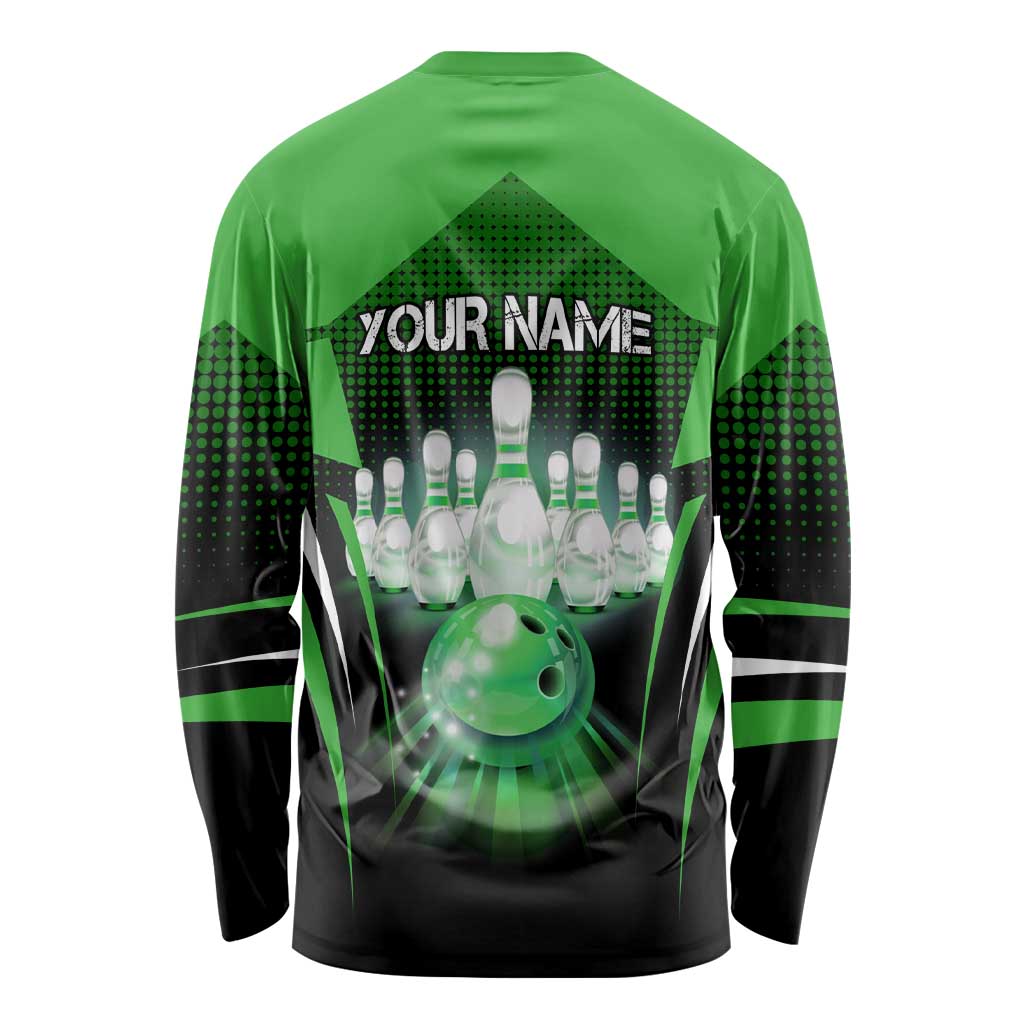 Bowling Team Design Long Sleeve Shirt Green Strike Graphic and Custom Name Shield Accent - Wonder Print Shop