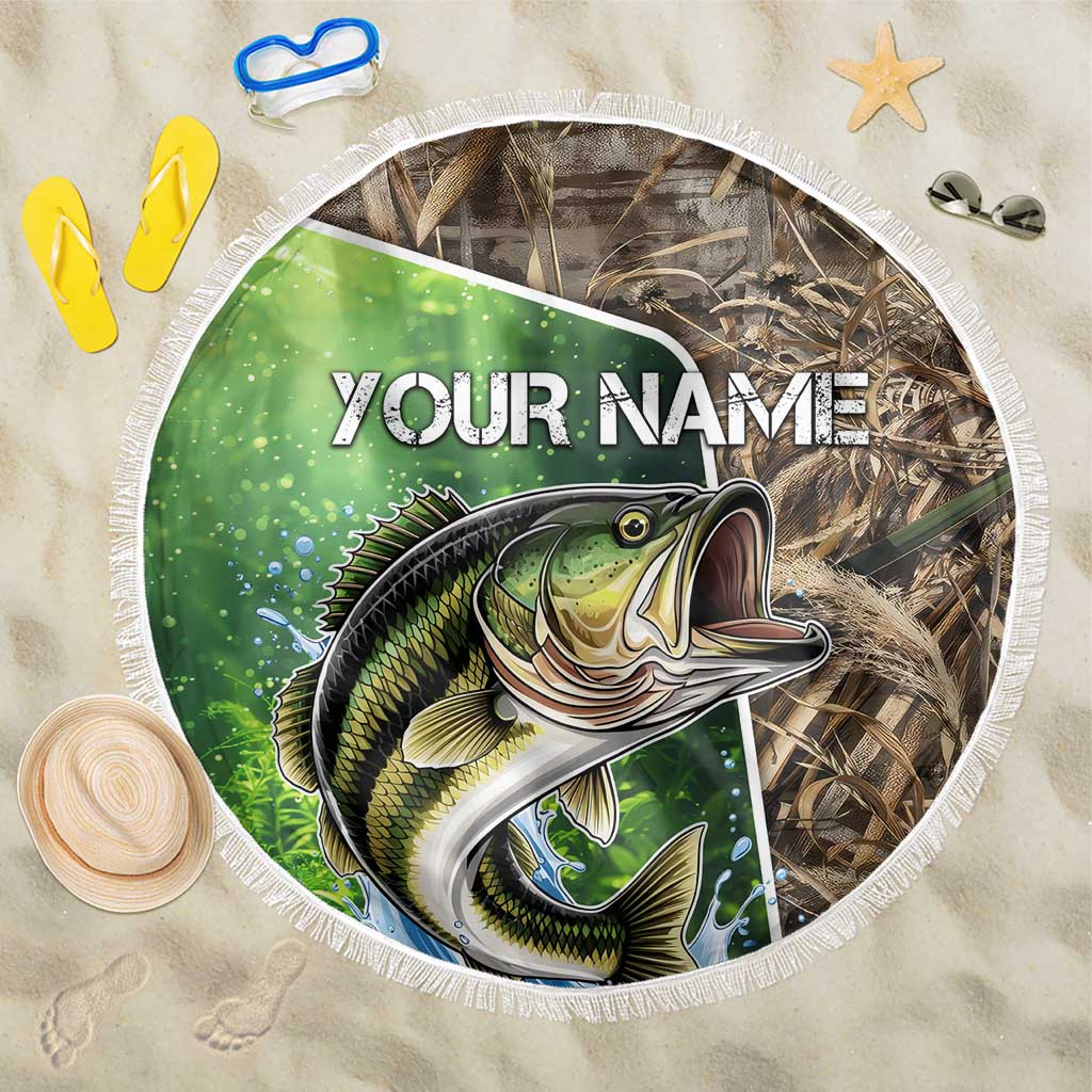 Round beach blanket with green leaping bass graphic, camo background, fringe edge, “YOUR NAME”