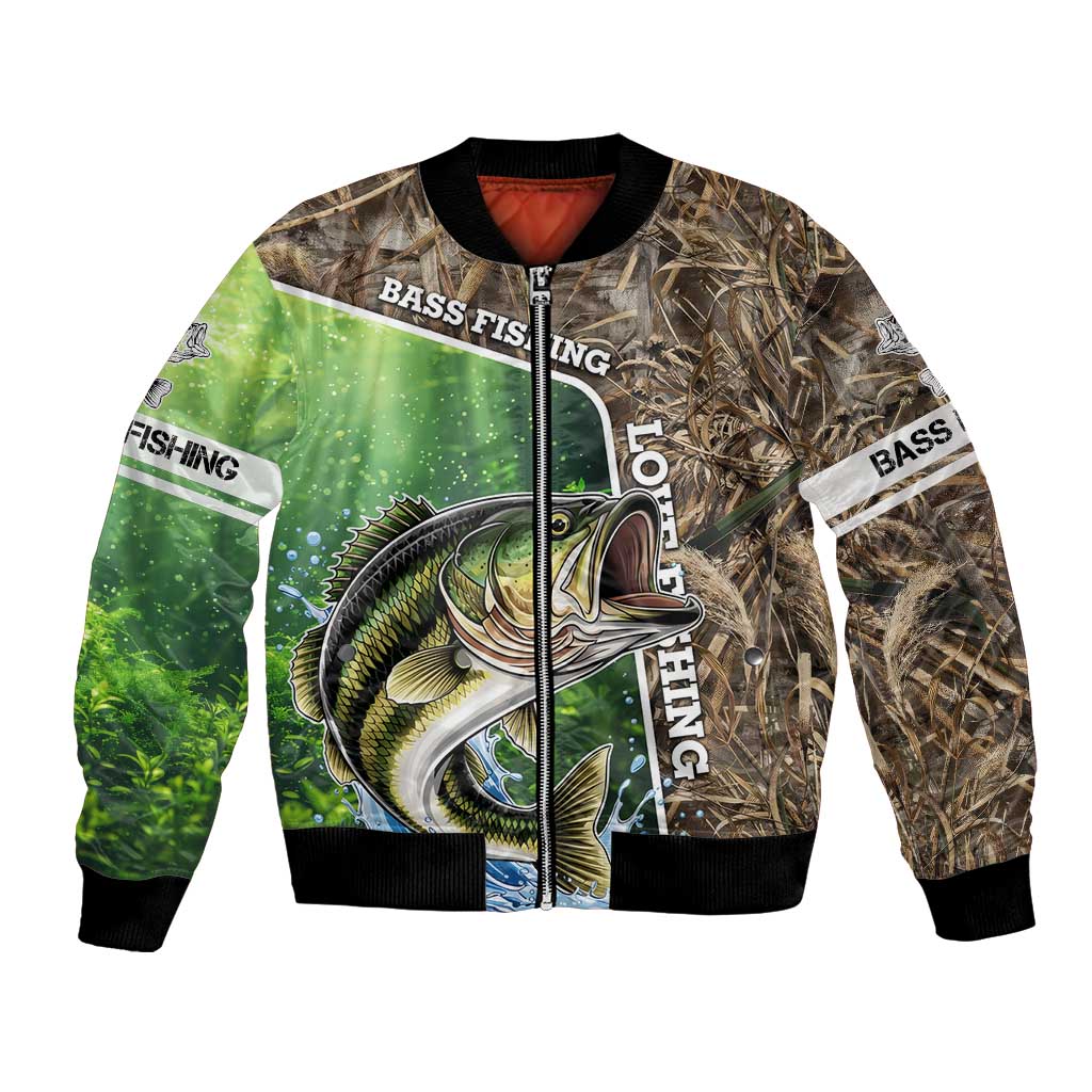 Multicolor bomber jacket with leaping bass fish graphic, camouflage and green splash panels