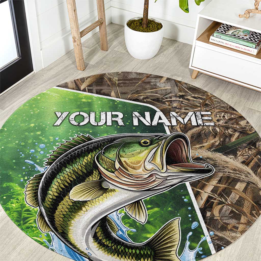 Round fishing carpet with leaping bass graphic, water splashes, and 'Your Name' text