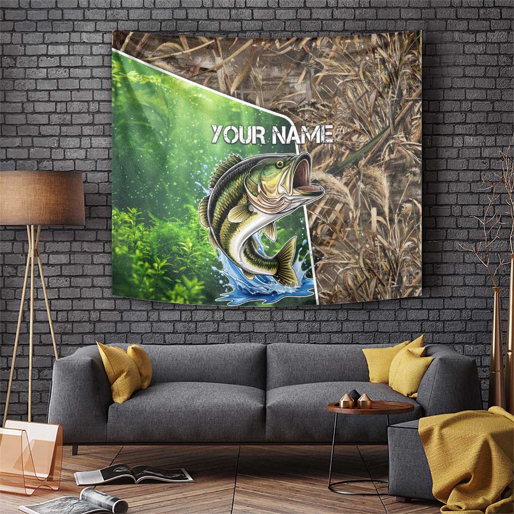 Personalized fishing tapestry with leaping bass, camouflage reeds, and 'YOUR NAME' text