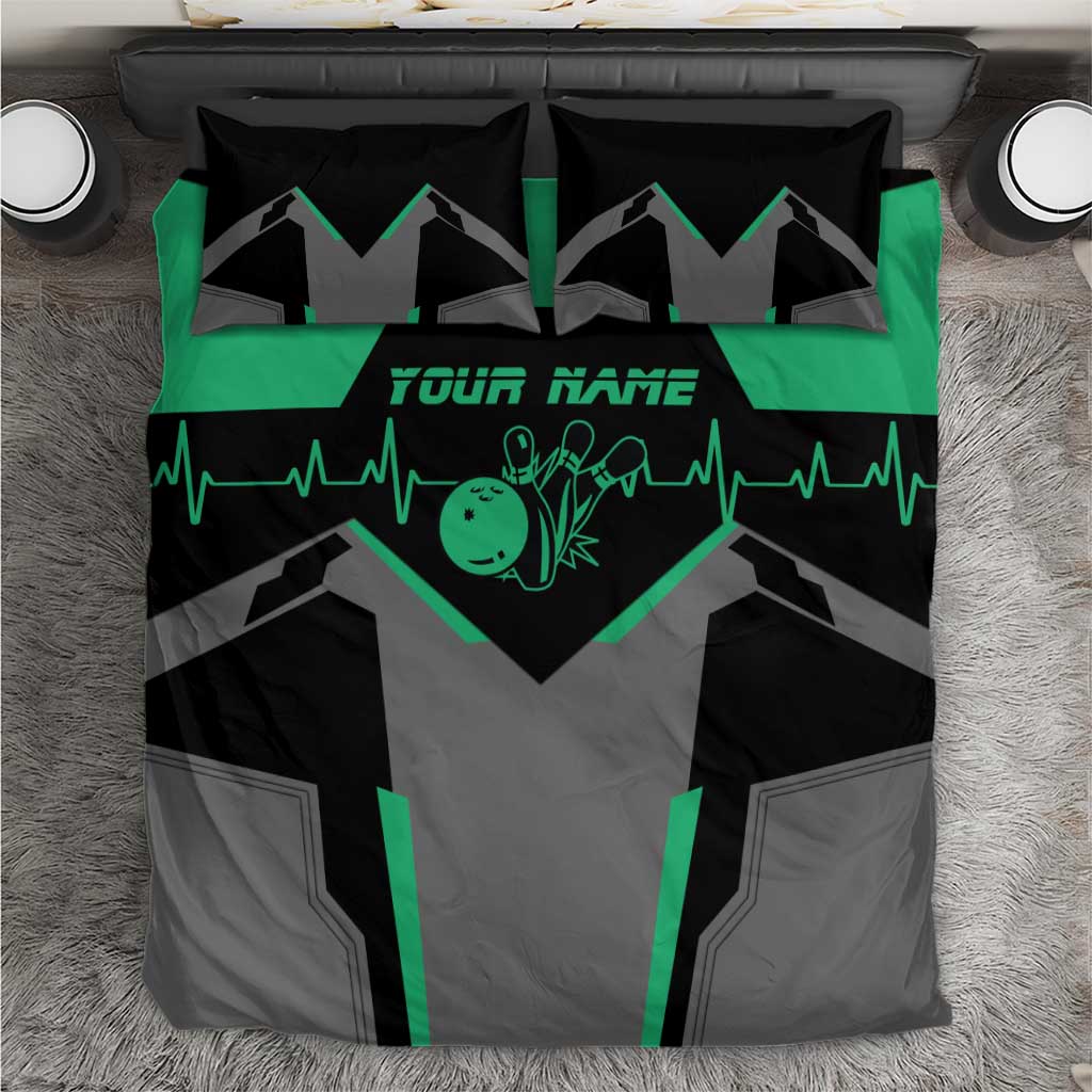 Bowling heart bedding set with green heartbeat graphic, black and gray duvet and pillowcases