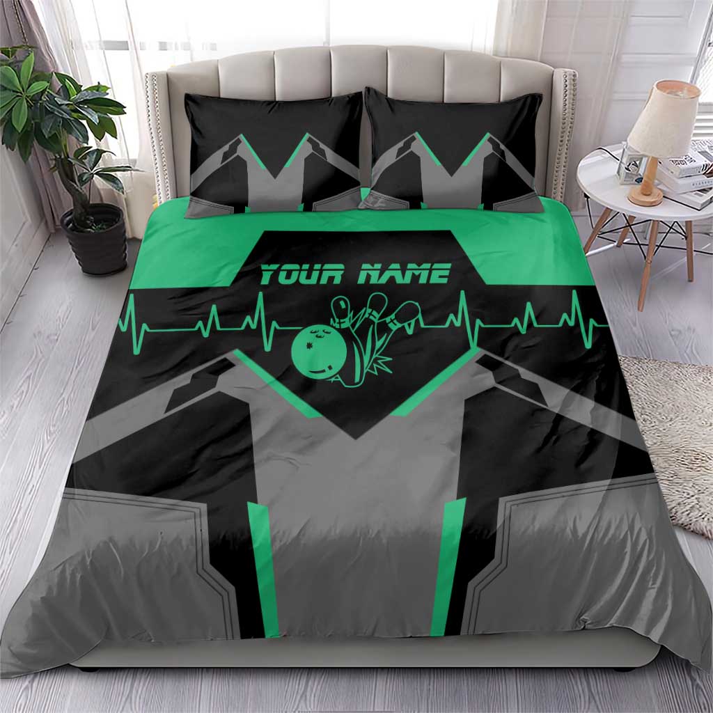Bowling heart duvet bedding set with green heartbeat design and matching black and gray pillows