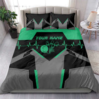 Bowling heart duvet bedding set with green heartbeat design and matching black and gray pillows