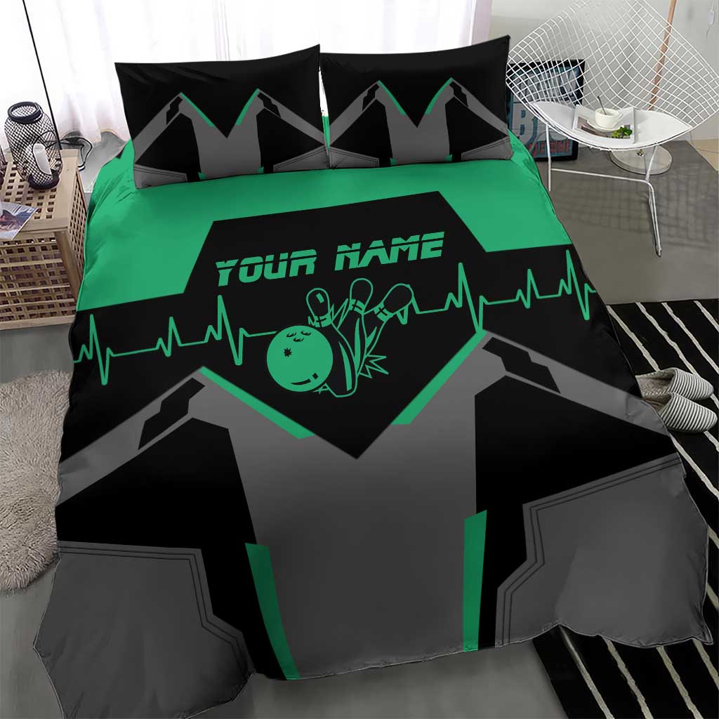 Bowling heart bedding set featuring green heartbeat and “YOUR NAME” on black and gray duvet