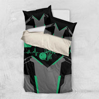 Bowling heart duvet and pillowcases set with green heartbeat print, black and gray bedding