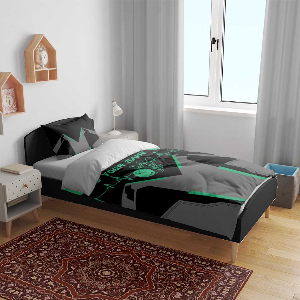 Bowling heart bedding set with green heartbeat design on black and gray duvet with pillows