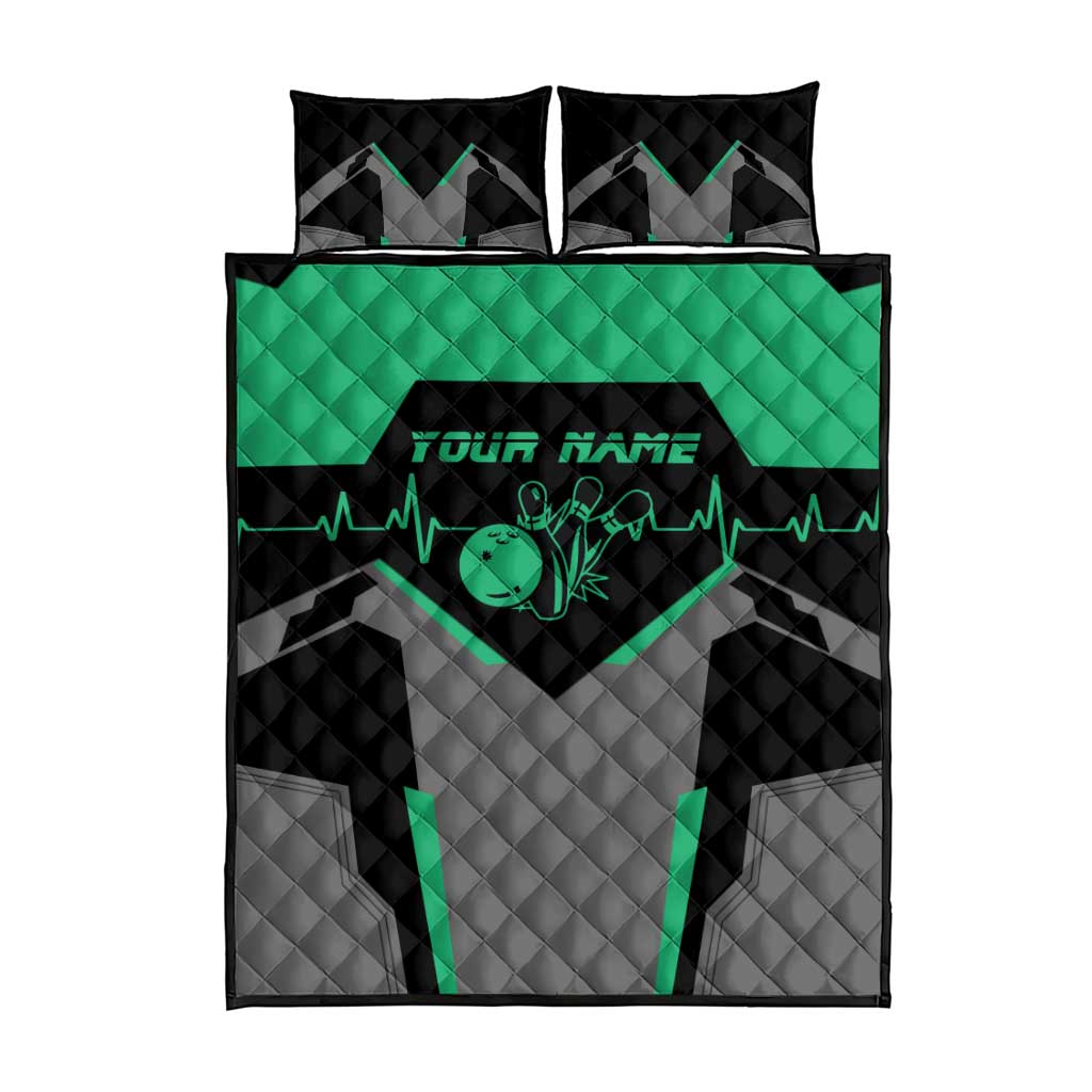 Quilt bed set with black, gray and green bowling pin art, heartbeat line, and “Your Name”