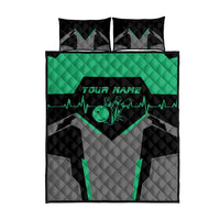 Quilt bed set with black, gray and green bowling pin art, heartbeat line, and “Your Name”