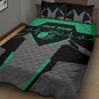Green, gray and black bowling-themed quilt with heartbeat line and “Your Name” on bed