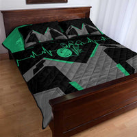 Black and gray quilt bed set with green bowling pin graphic, heartbeat line, and “Your Name”