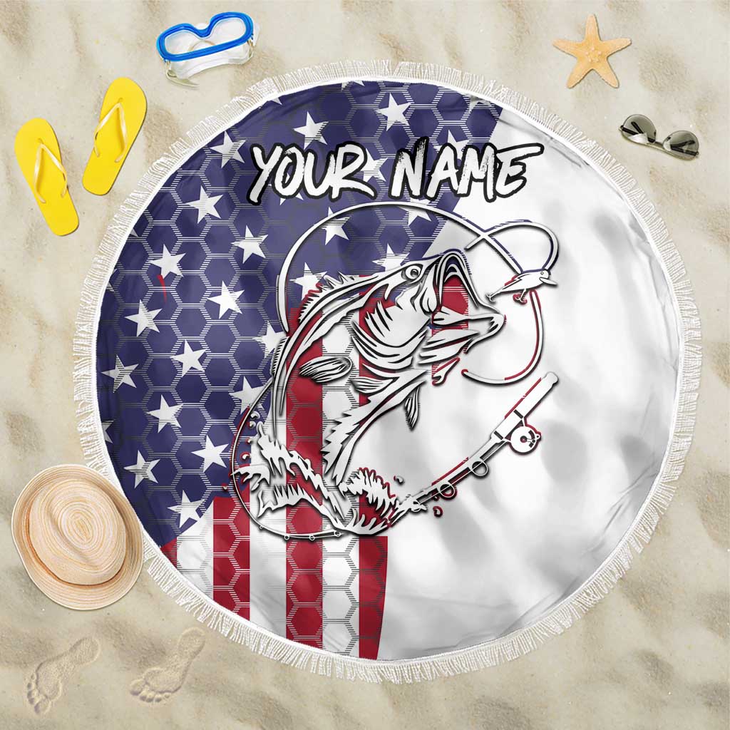 Round beach blanket with fringe, patriotic bass fish design and “Your Name” text