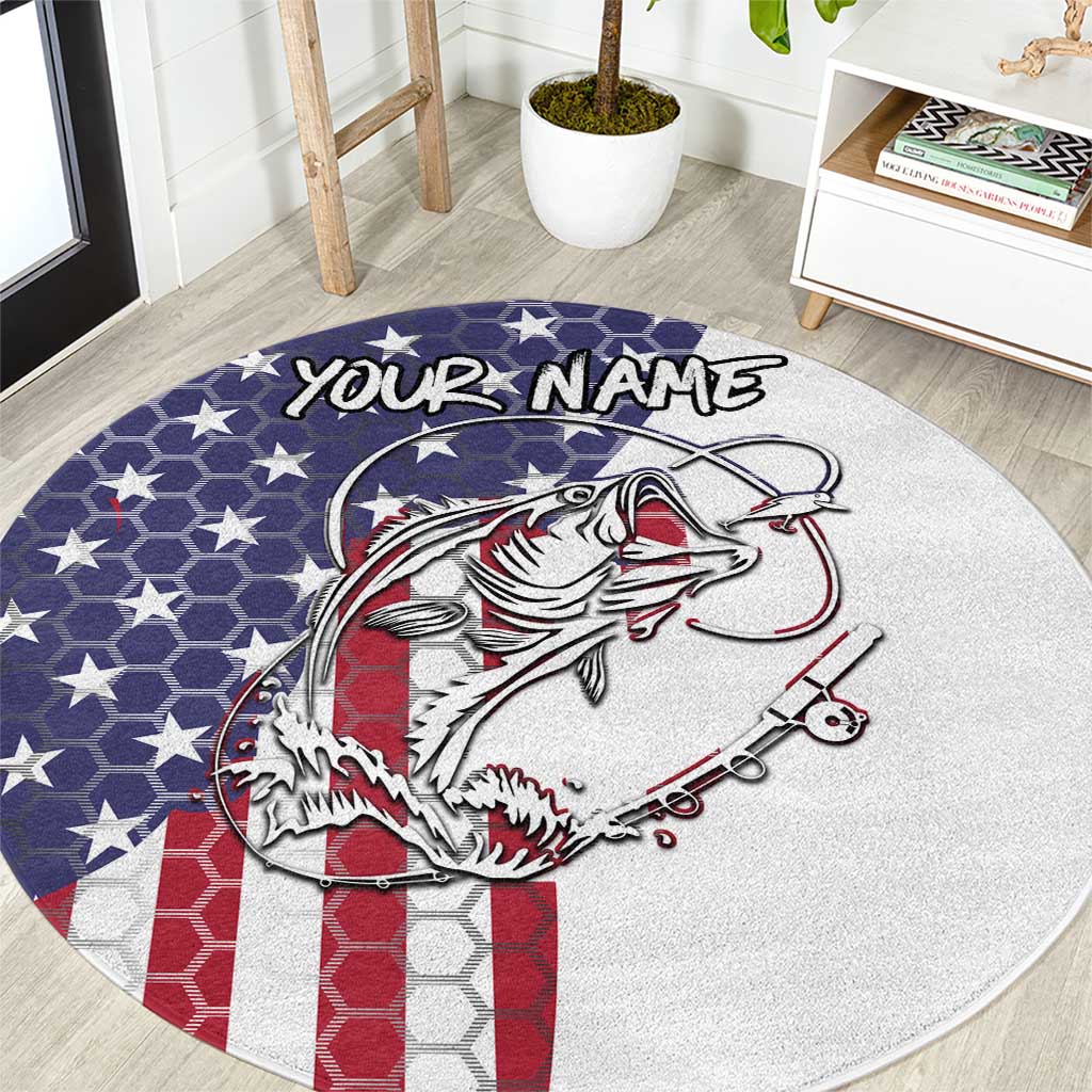 Patriotic round fishing rug with cat and fishing rod graphic, stars, and flag stripes