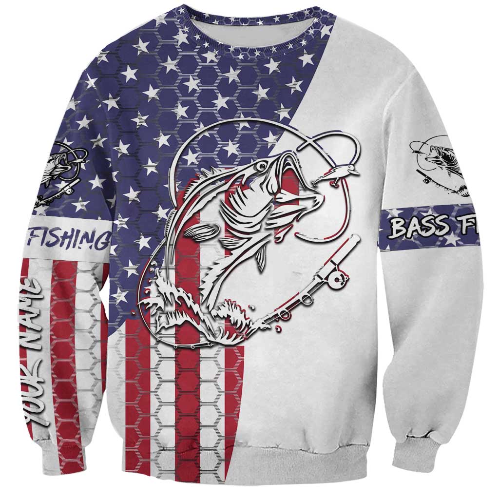 Unisex fishing sweatshirt with bass fish graphic, star background, red-white stripe panels