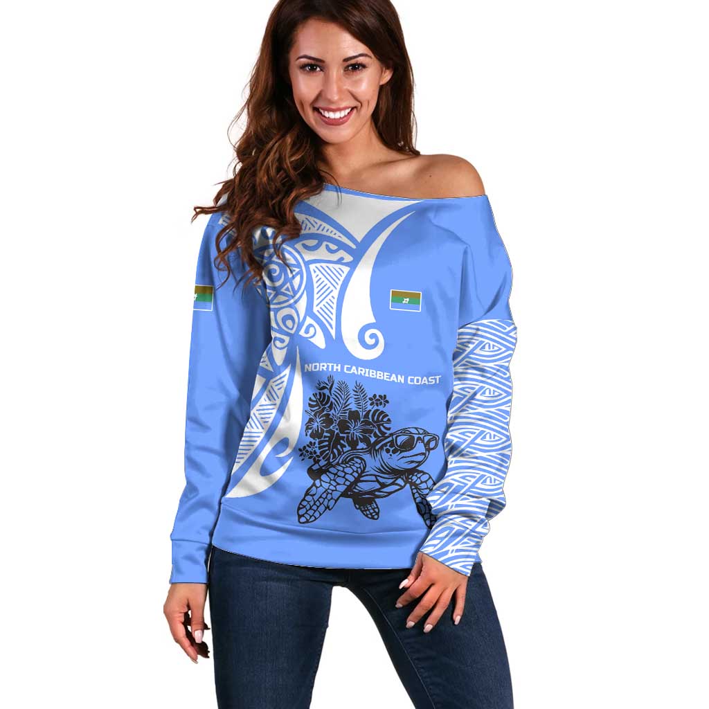 North Caribbean Coast Nicaragua Off Shoulder Sweater with Tribal Turtle Design and Floral Coast Pride - Wonder Print Shop