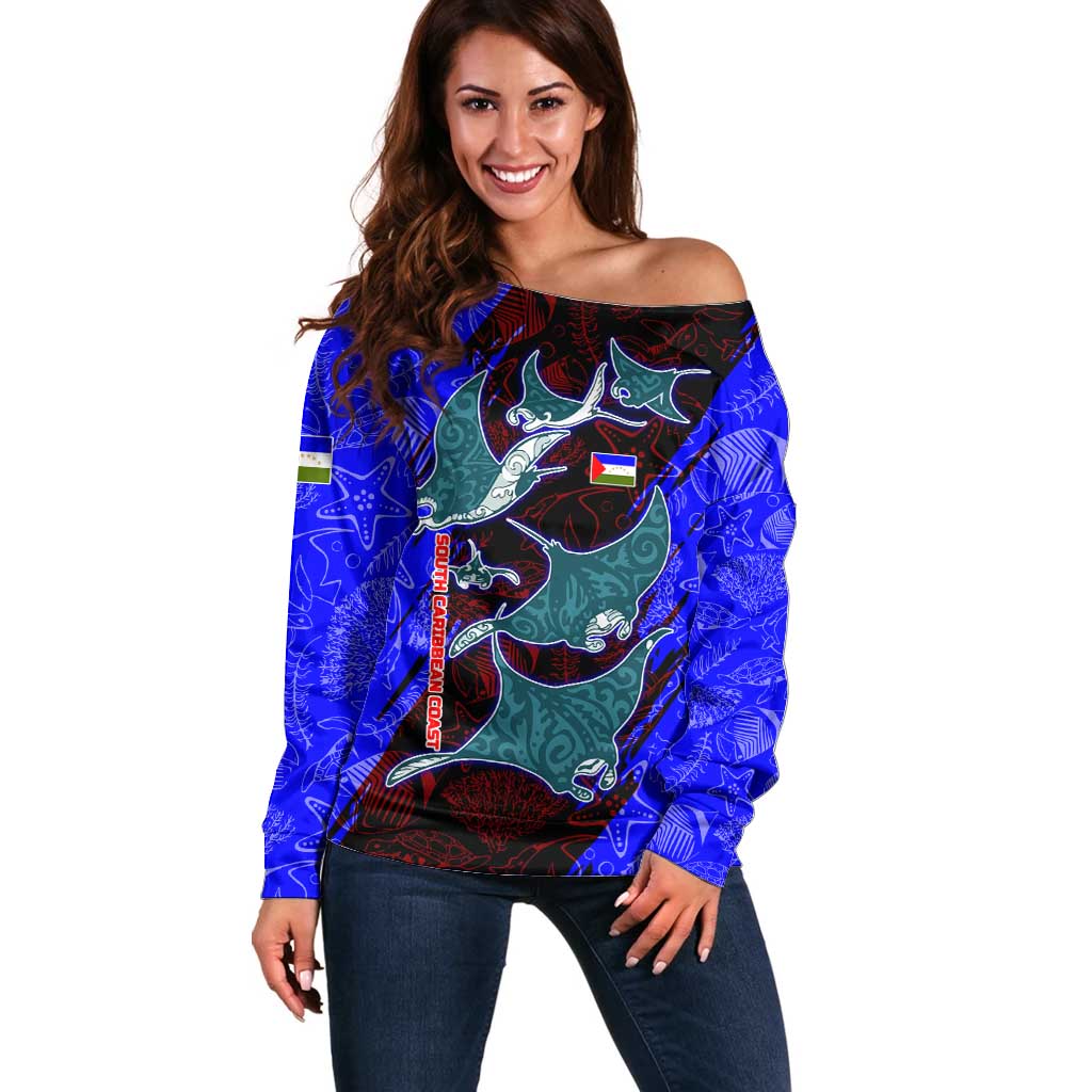 South Caribbean Coast Nicaragua Off Shoulder Sweater with Manta Ray Coral Reef and Dive into the Spirit Design - Wonder Print Shop