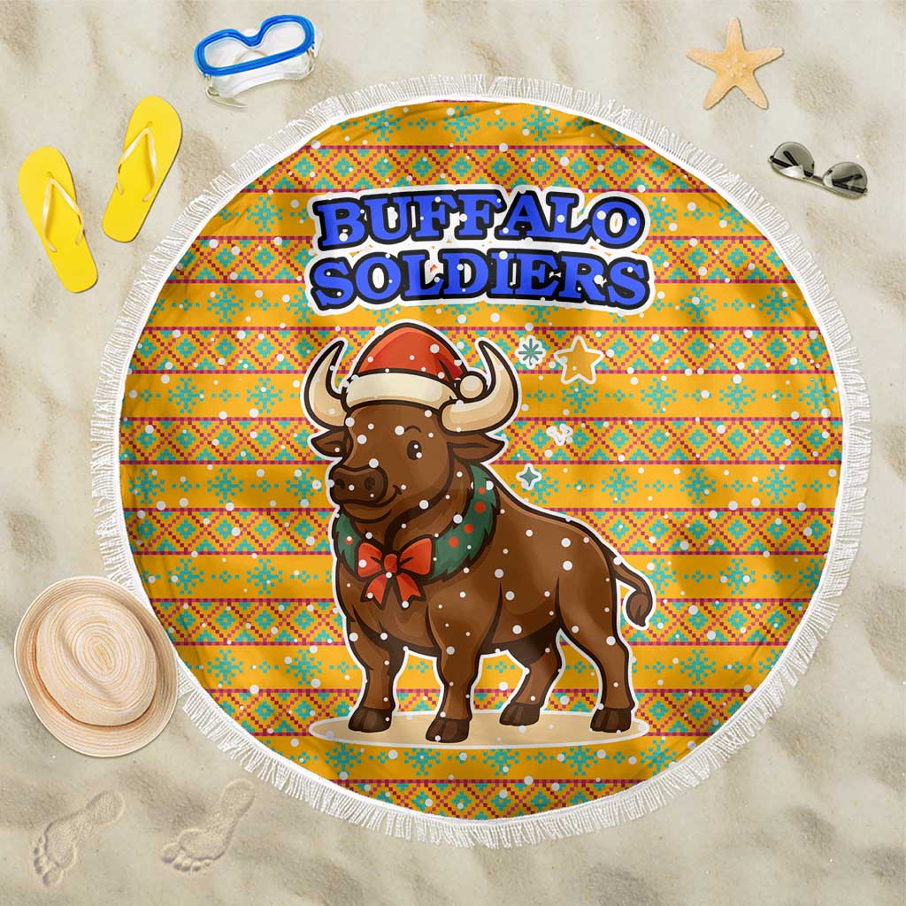 Buffalo Soldiers Christmas Beach Blanket with Yellow Cartoon Buffalo Santa Hat Design - Wonder Print Shop
