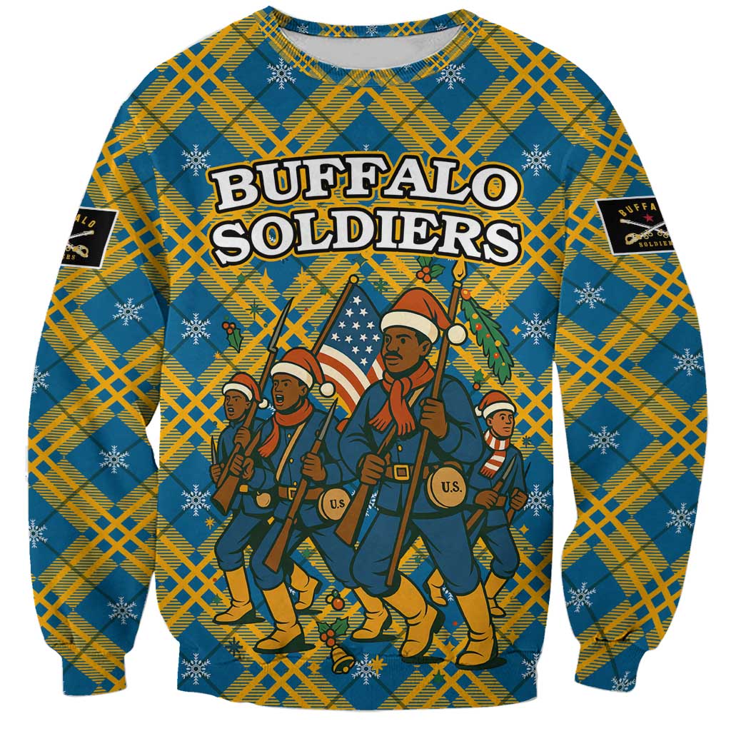 Buffalo Soldiers Christmas Sweatshirt with Blue Yellow Plaid Parade Illustration Design - Wonder Print Shop