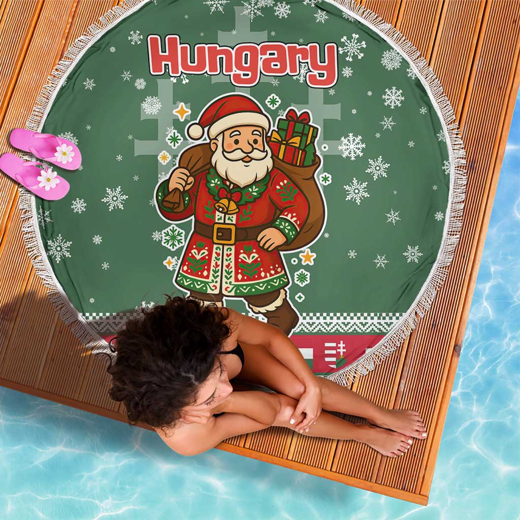 Hungary Christmas Beach Blanket with Green Snowflake Pattern Santa Claus Motif - Wonder Print Shop