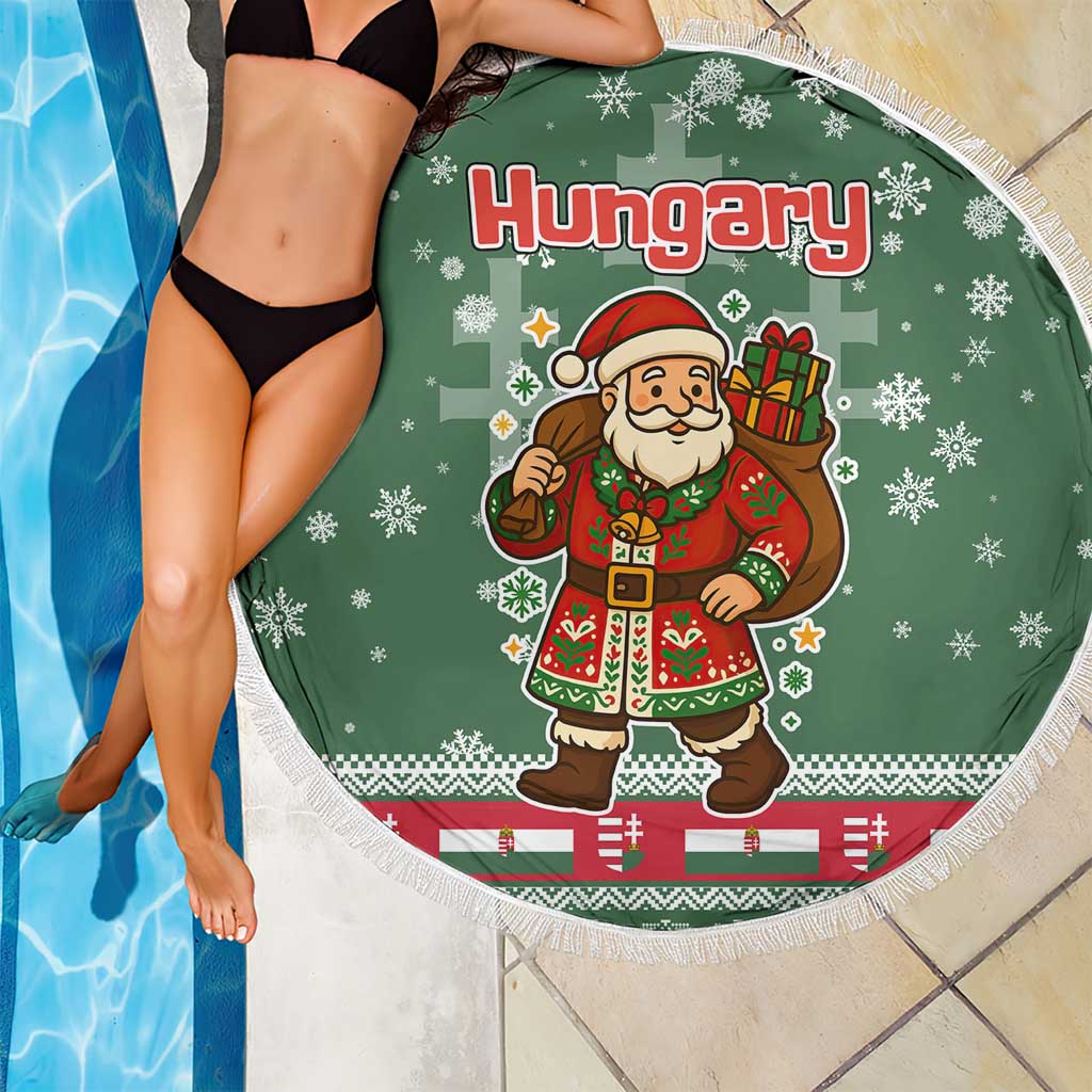 Hungary Christmas Beach Blanket with Green Snowflake Pattern Santa Claus Motif - Wonder Print Shop