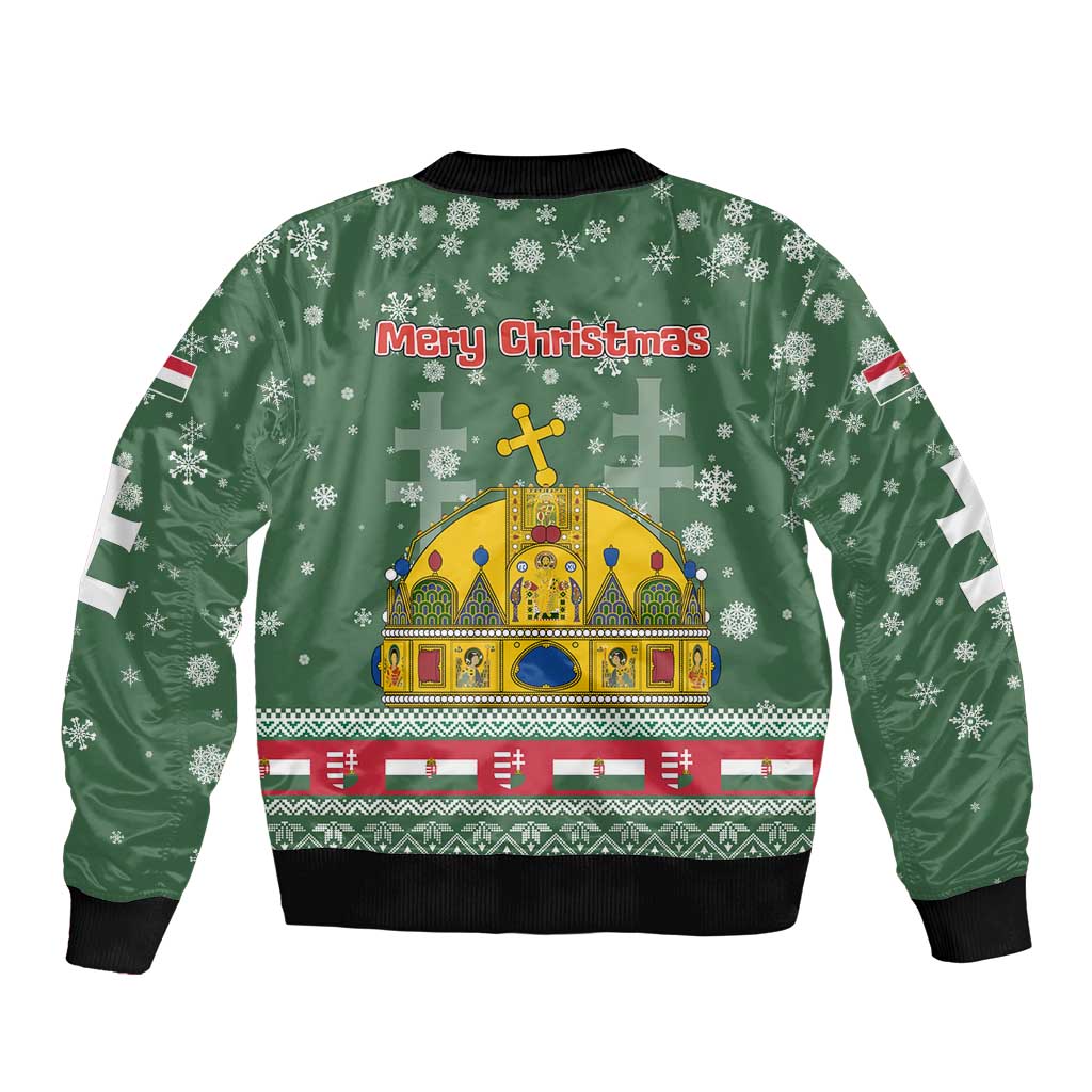 Hungary Christmas Bomber Jacket with Green Snowflake Pattern Santa Claus Motif - Wonder Print Shop