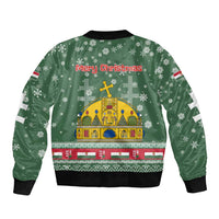 Hungary Christmas Bomber Jacket with Green Snowflake Pattern Santa Claus Motif - Wonder Print Shop