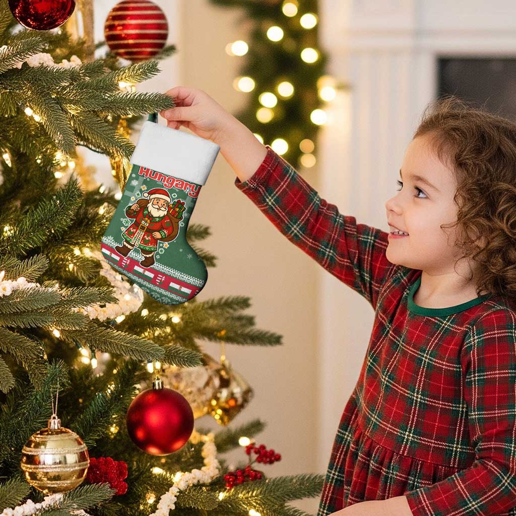 Hungary Christmas Stocking with Green Snowflake Pattern Santa Claus Motif - Wonder Print Shop