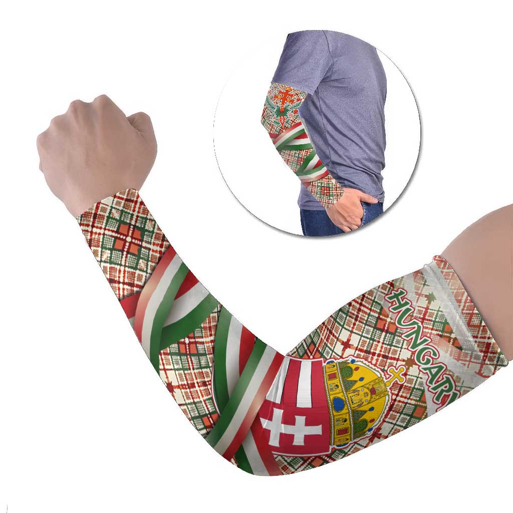 Hungary Christmas Arm Sleeves with Red Green Plaid Pattern Crown and Double Cross Motif - Wonder Print Shop