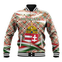 Hungary Christmas Baseball Jacket with Red Green Plaid Pattern Crown and Double Cross Motif - Wonder Print Shop