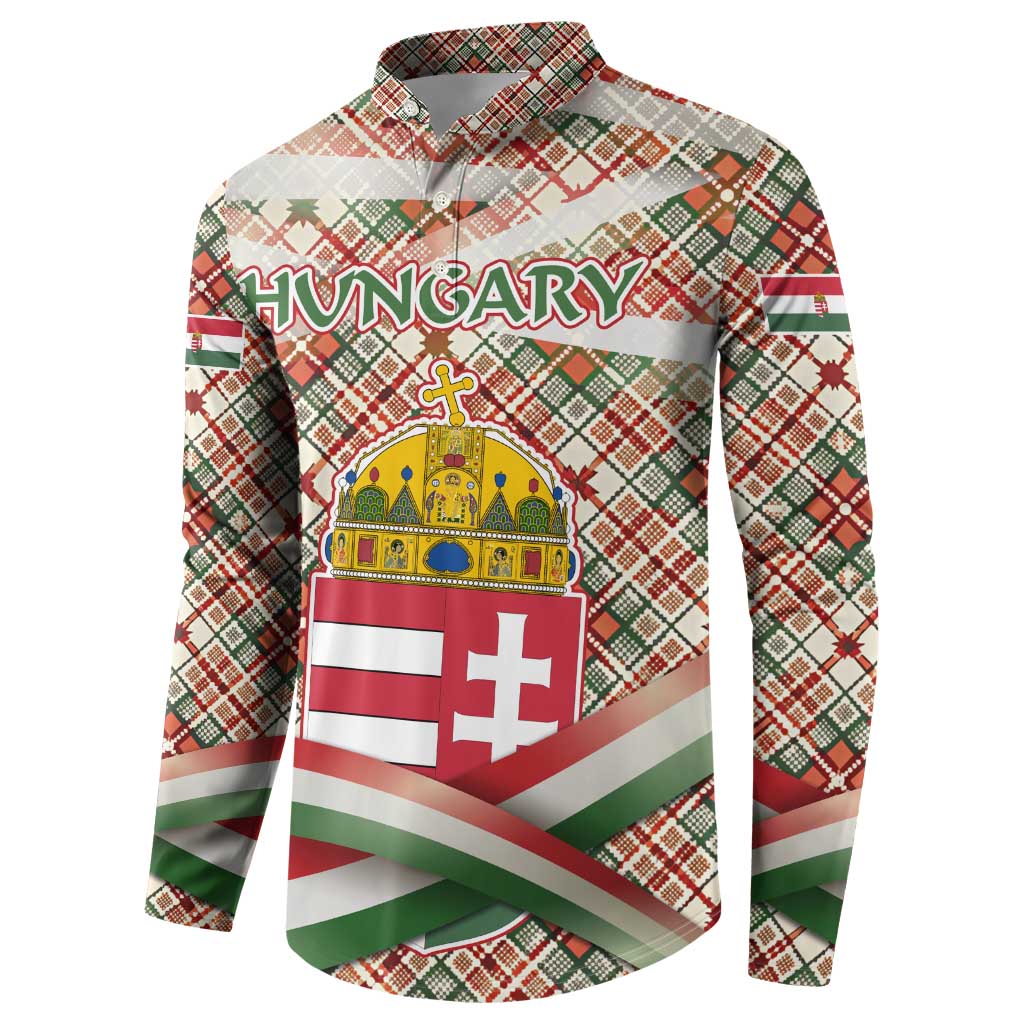 Hungary Christmas Button Sweatshirt with Red Green Plaid Pattern Crown and Double Cross Motif - Wonder Print Shop