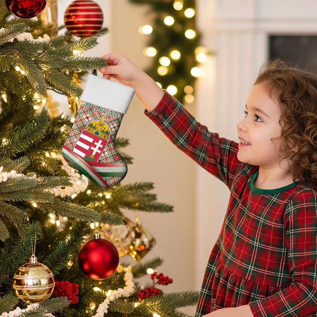 Hungary Christmas Stocking with Red Green Plaid Pattern Crown and Double Cross Motif - Wonder Print Shop