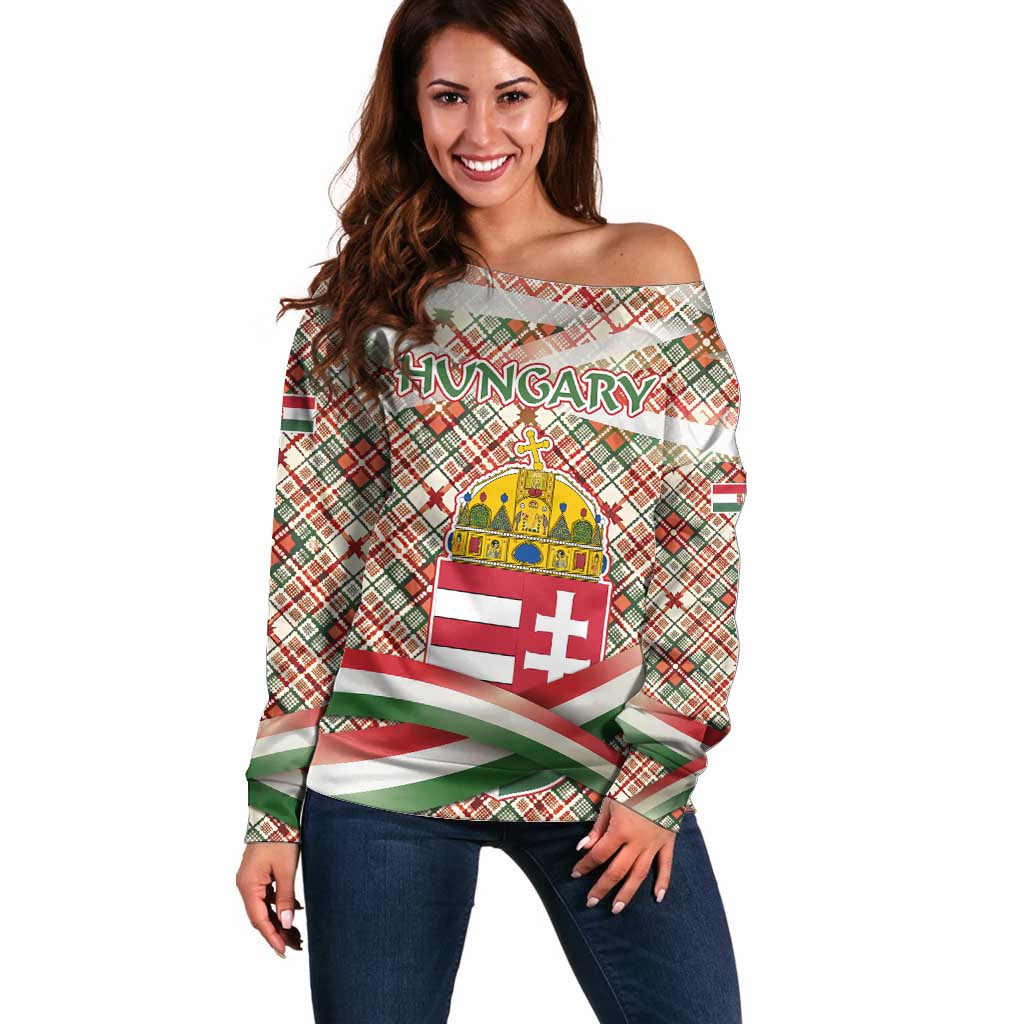 Hungary Christmas Off Shoulder Sweater with Red Green Plaid Pattern Crown and Double Cross Motif - Wonder Print Shop