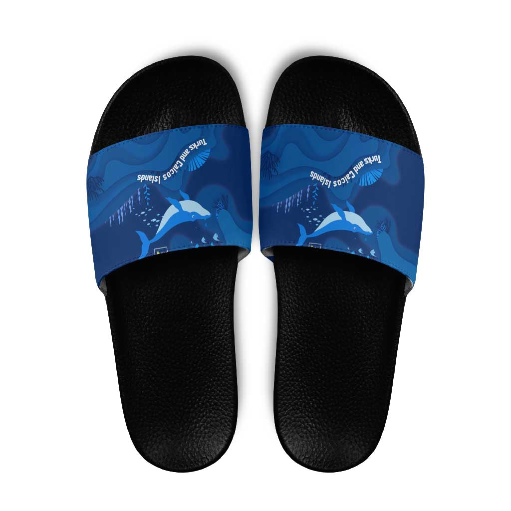 Turks and Caicos Islands Slide Sandals with Blue Ocean Whale and Coral Reef Design - Wonder Print Shop