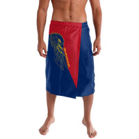 Blue lavalava skirt with red panel and bird crest graphic