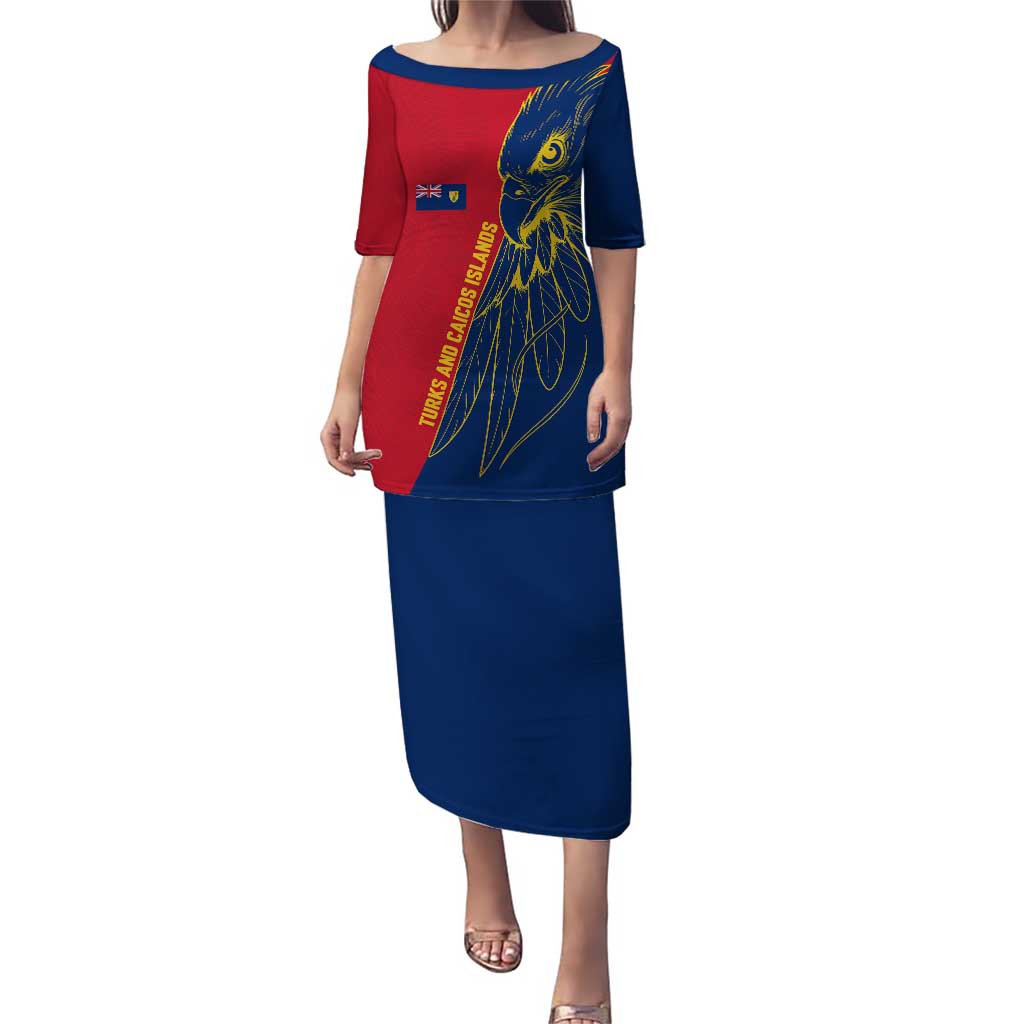 Turks and Caicos Islands Puletasi with Yellow Hawk Outline and Red Blue Crest Design - Wonder Print Shop