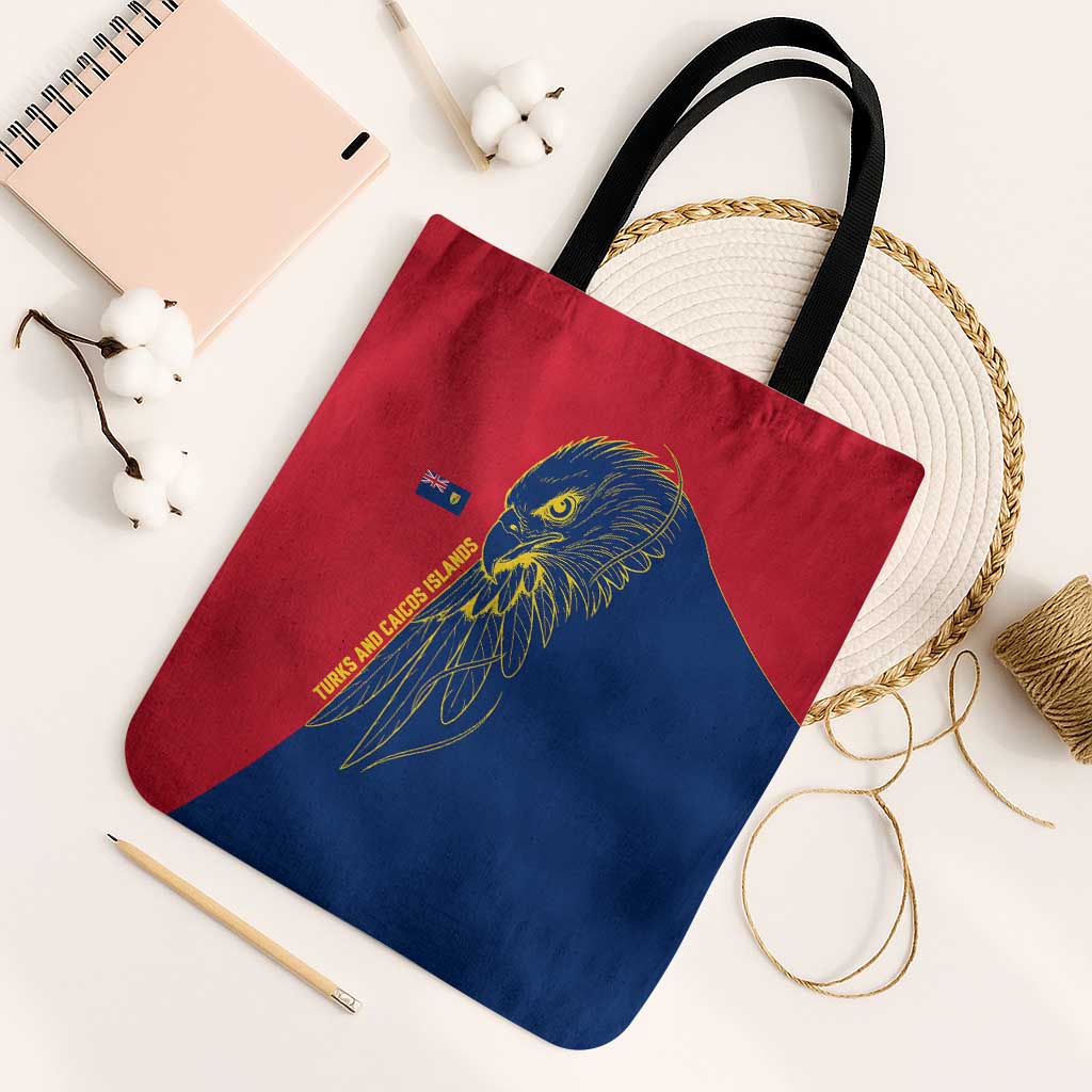 Turks and Caicos Islands Tote Bag with Yellow Hawk Outline and Red Blue Crest Design - Wonder Print Shop
