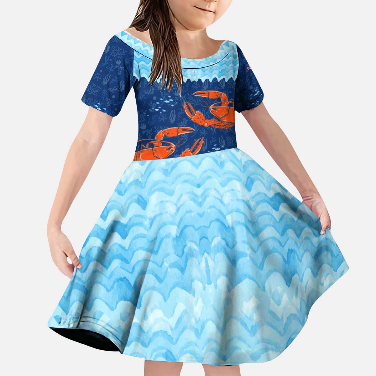 Turks and Caicos Islands Kid Short Sleeve Dress with Red Crab and Ocean Wave Coral Reef Design - Wonder Print Shop
