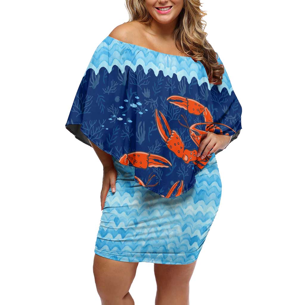 Turks and Caicos Islands Off Shoulder Short Dress with Red Crab and Ocean Wave Coral Reef Design - Wonder Print Shop