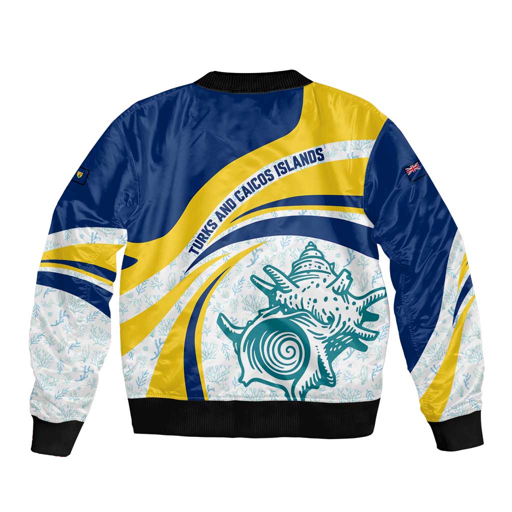 Turks and Caicos Islands Bomber Jacket with Sea Shell Graphic and Yellow Blue Wave Design - Wonder Print Shop