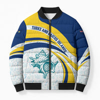 Navy and yellow puffer bomber jacket with full-zip front and crab-and-wave graphic.