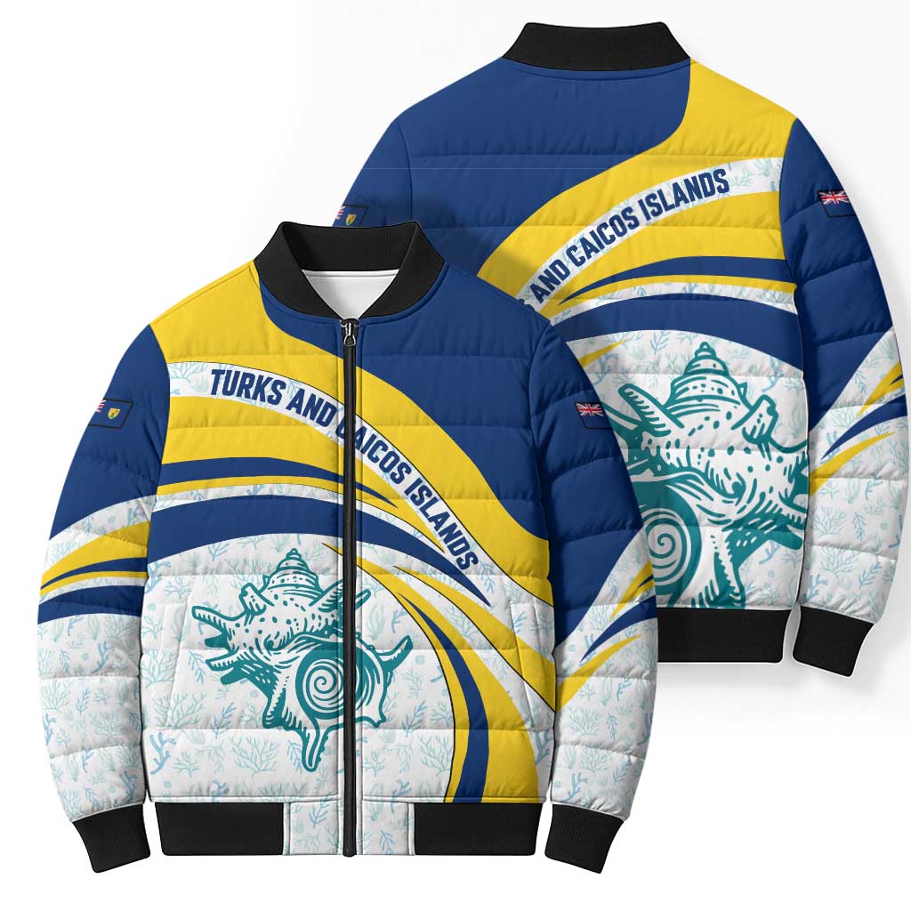 Navy and yellow puffer bomber jacket with front zip, wave stripes, and sea creature graphic.
