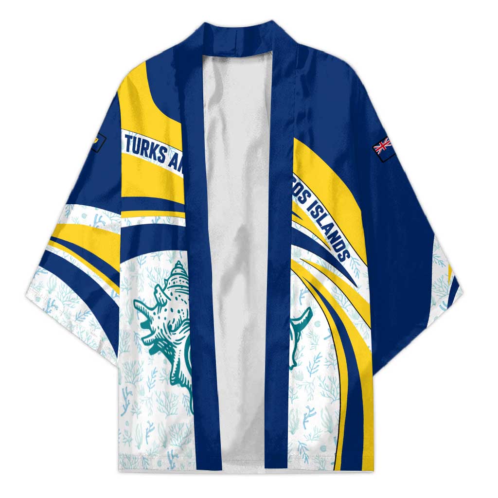 Turks and Caicos Islands Kimono with Sea Shell Graphic and Yellow Blue Wave Design - Wonder Print Shop