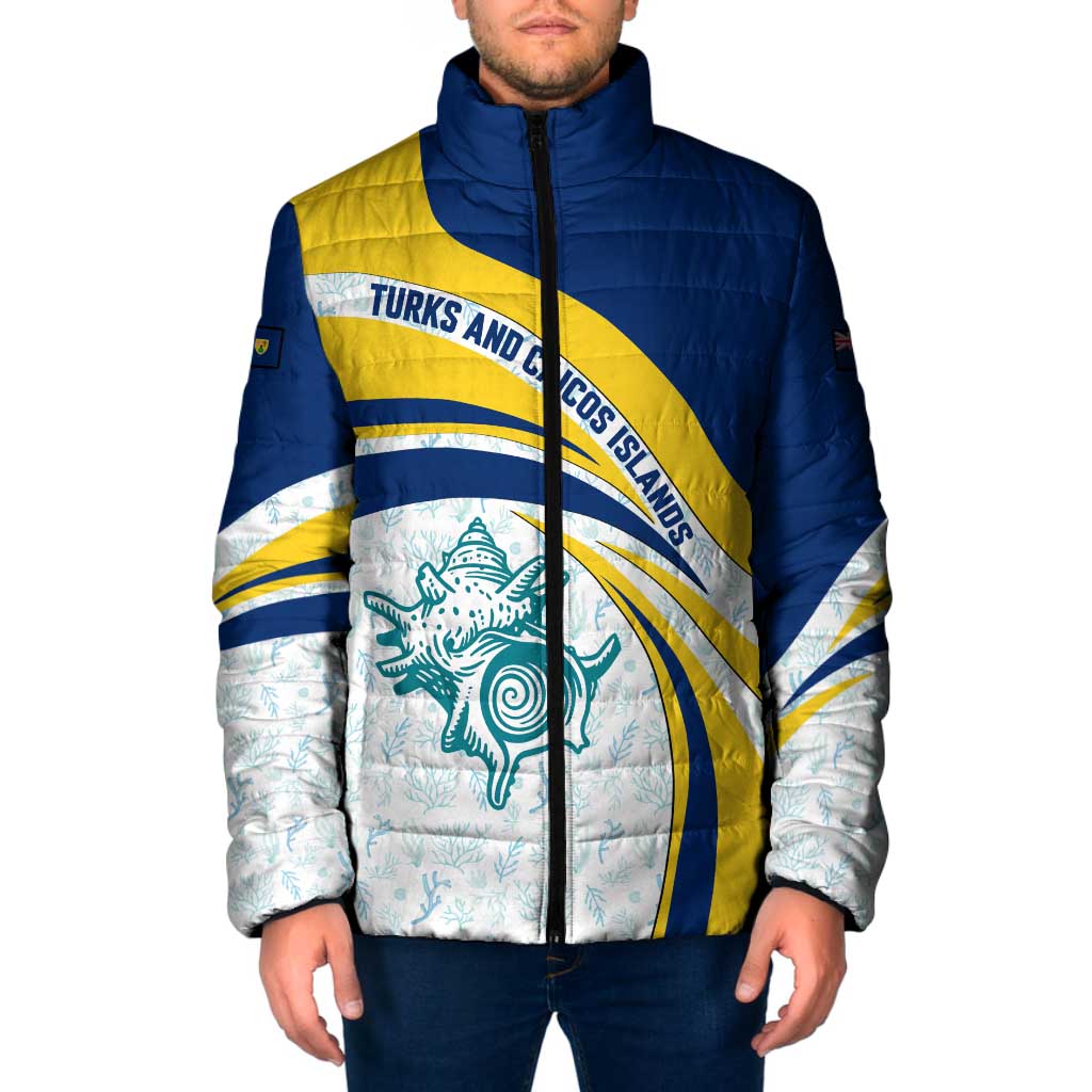 Turks and Caicos Islands Padded Jacket with Sea Shell Graphic and Yellow Blue Wave Design - Wonder Print Shop