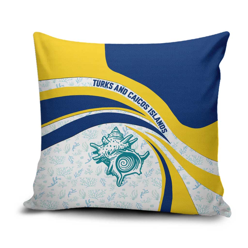 Turks and Caicos Islands Pillow Cover with Sea Shell Graphic and Yellow Blue Wave Design - Wonder Print Shop