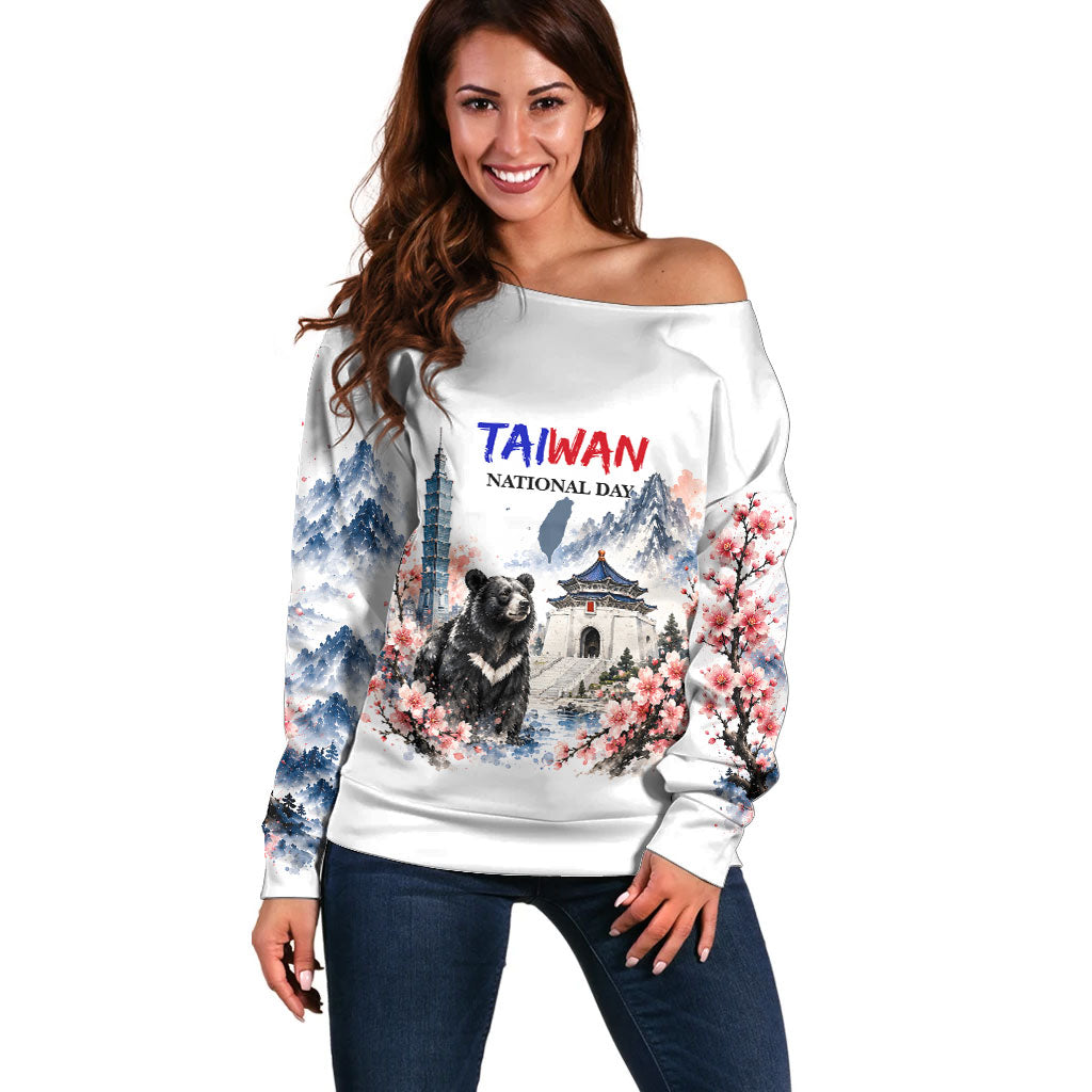 Taiwan National Day Formosan Black Bear Off Shoulder Sweater Double Ten Day Watercolor Landmarks Art