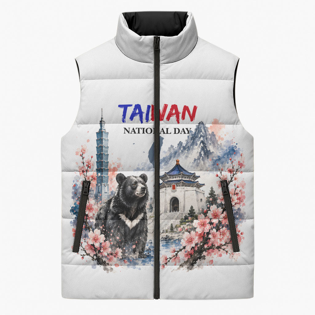 Taiwan National Day Formosan Black Bear Sleeveless Puffer Jacket Double Ten Day Watercolor Landmarks Art